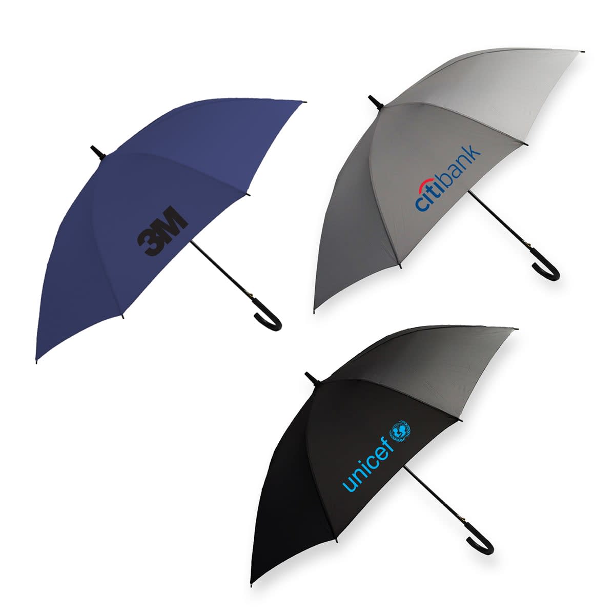 Corporate Umbrellas with 3M, Citibank, and UNICEF logos in blue, gray, or black.