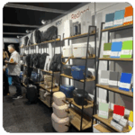 Showcase shelves with bags, containers, and notebooks to support your business goals.