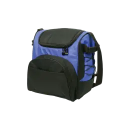 A blue and black insulated lunch bag, perfect for use as promotional products.