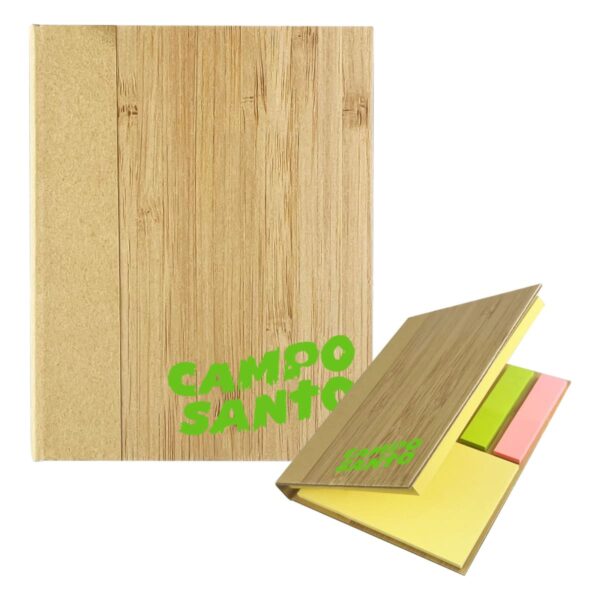 Bamboo Santo Sticky Notes notebook, open to show sticky notes inside, CAMPO SANTO in green.
