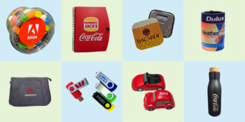 A grid of branded promotional products Canberra, including bottles, USBs, notebooks, and toy cars.