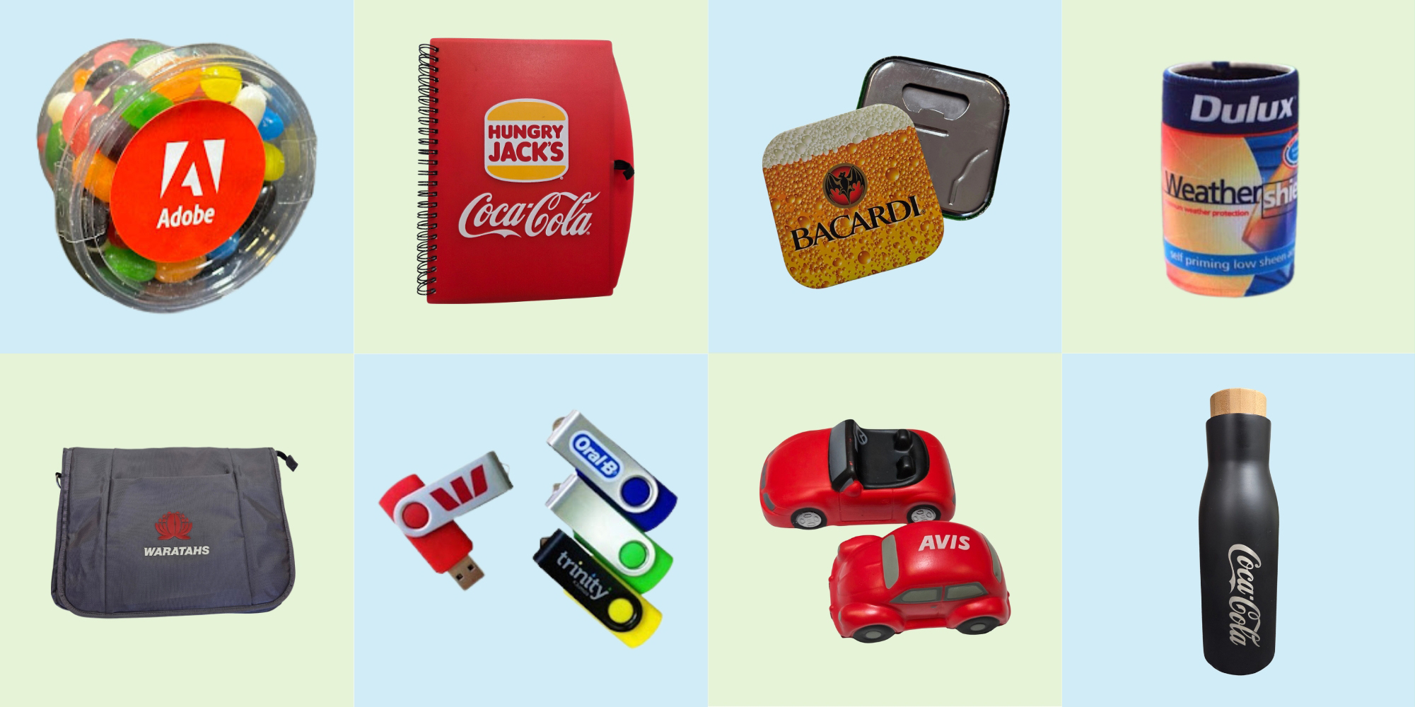 A grid of branded promotional products Canberra, including bottles, USBs, notebooks, and toy cars.