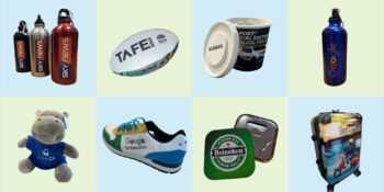 Eight branded promotional products Canberra, including bottles, mugs, toys, shoes, and luggage.