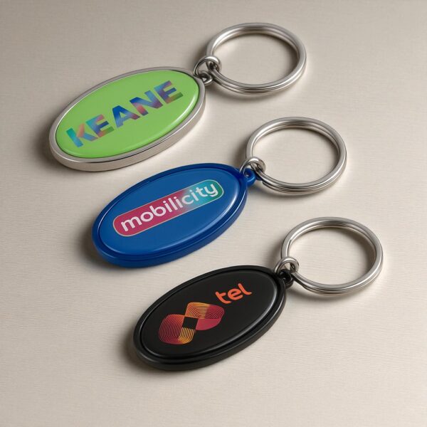 Three oval promotional freebies: green KEANE, blue mobilicity, and black tel keychains.