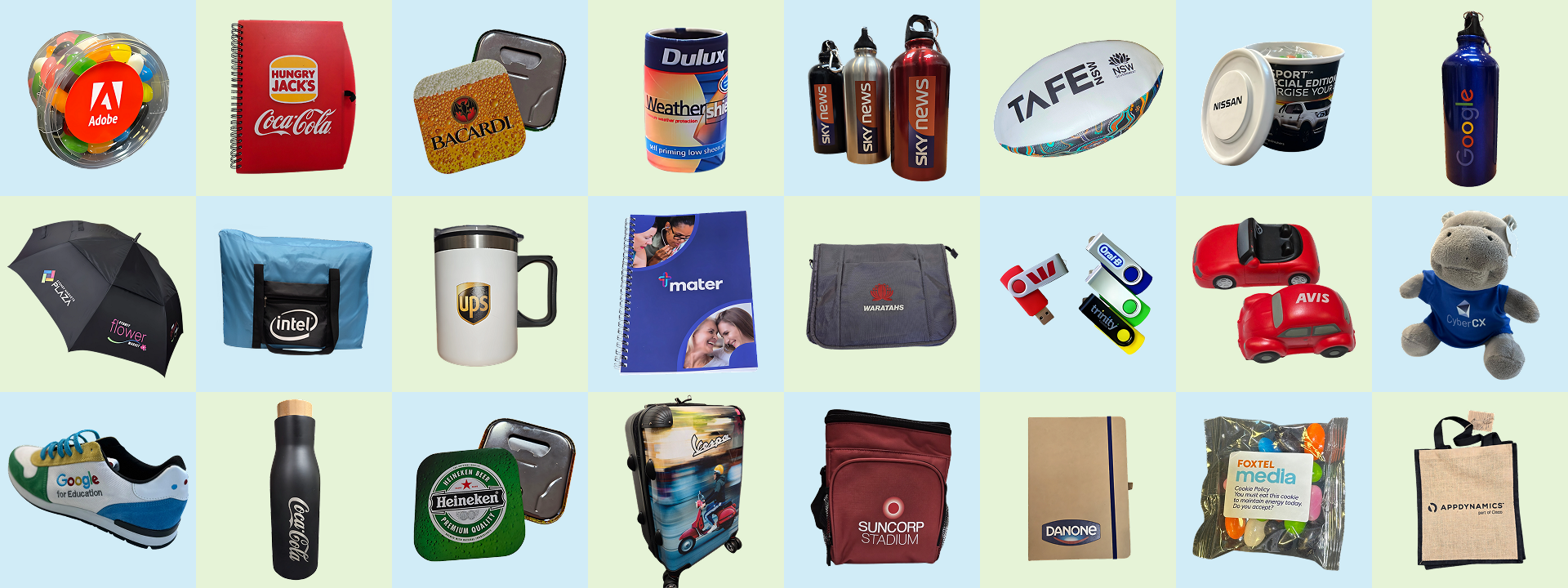 A grid of assorted promotional items, including branded bottles, bags, cups, and gadgets.