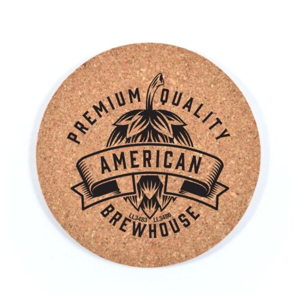 Round Cork Villa Coaster with American Brewhouse and hop cone graphic in black.