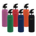 Six 500 ml Vox Drink Bottles, colorful with black lids, printed DEJA VU WINE CO.