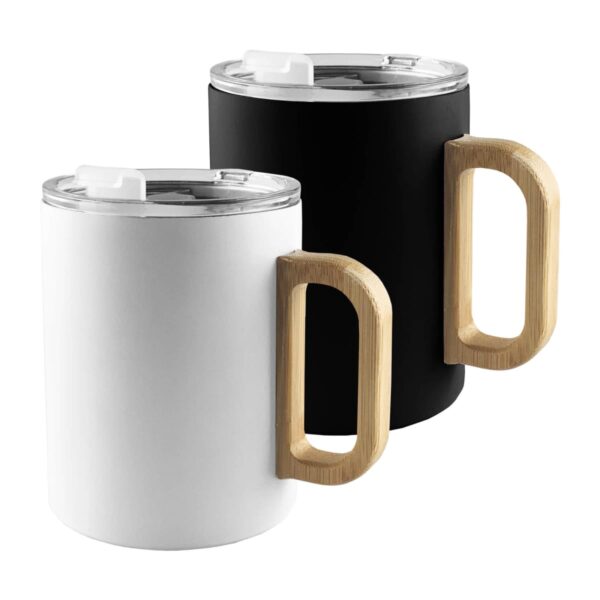Two mugs, one white and one black, with wooden handles and clear lids.