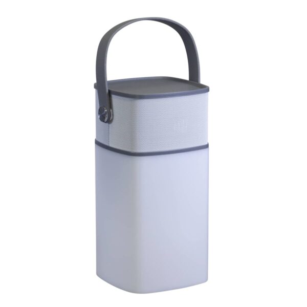 White I-Camp Camping Lantern with black handle and modern design, great for adventures.