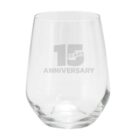 Bellini Stemless Glass Cup 345ml with 15 Years Anniversary etched on the front.