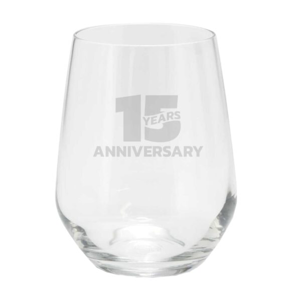 Bellini Stemless Glass Cup 345ml with 15 Years Anniversary etched on the front.