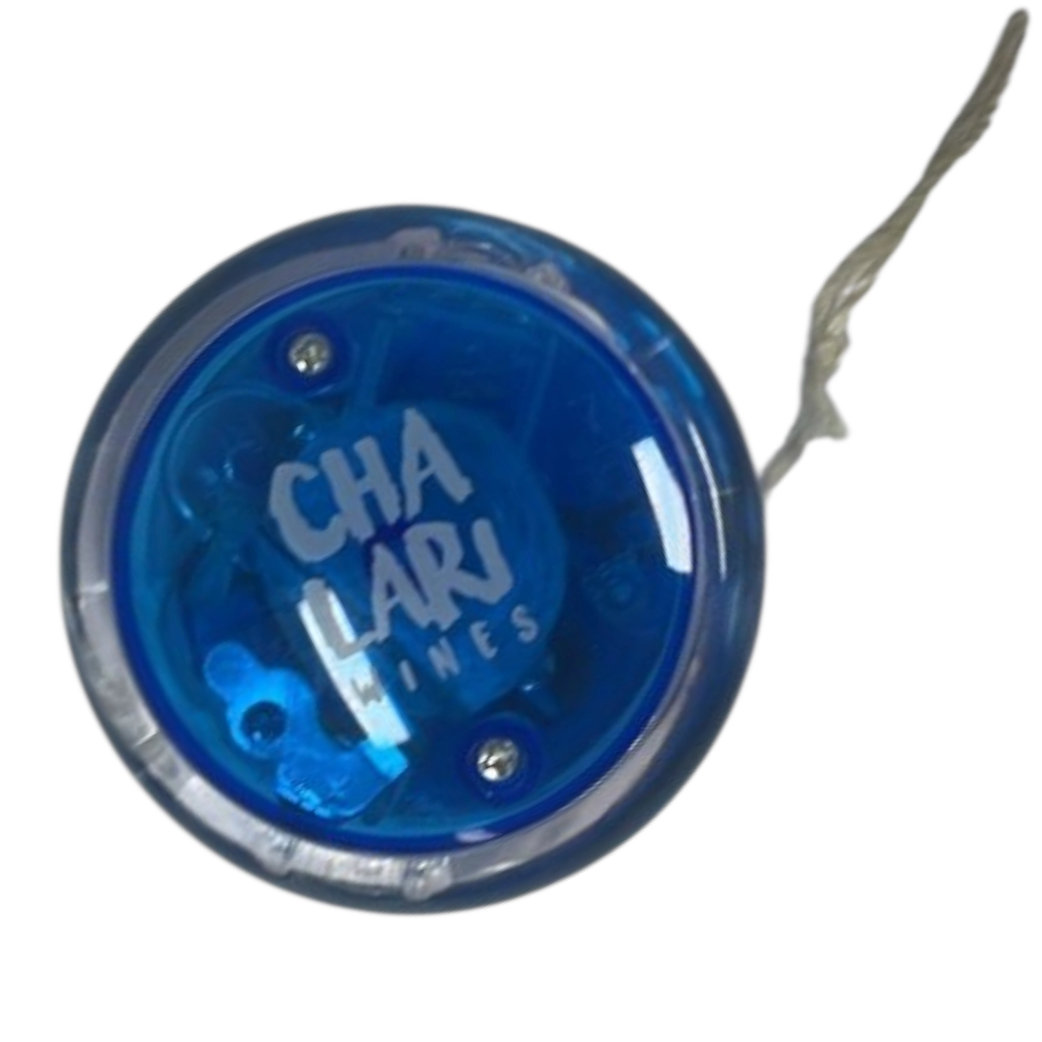 Blue yo-yo with CHA LARI MINES on its center—perfect for winning tradeshow giveaways.