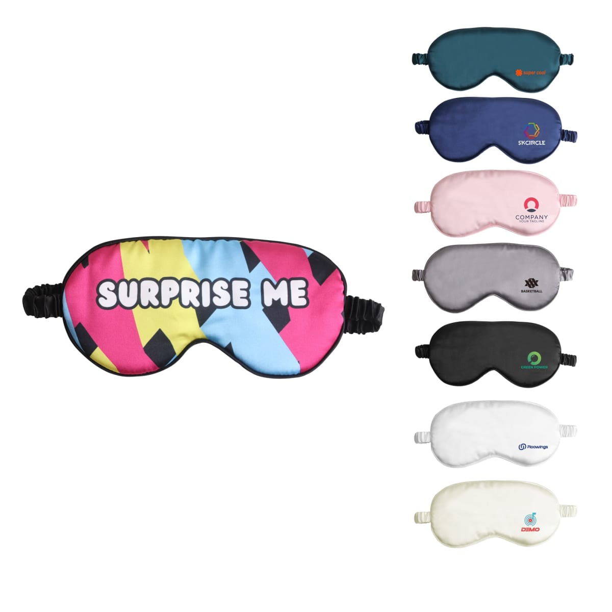 Nine Luxe Satin Sleep Masks, including a “Surprise Me” and others with simple logo designs.