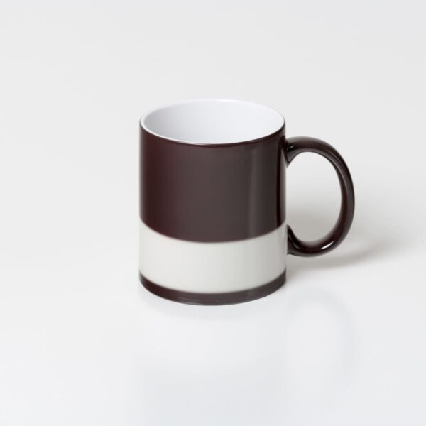 Magic Can Mugs Dye Sublimated with dark brown stripes and a white center.