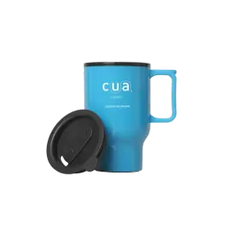 Blue travel mug with cua on it, a great choice for promotional products, next to black lid.