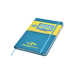 Blue notebook with yellow banner, perfect as promotional products for EOFY SALE.