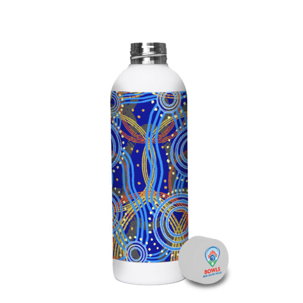 White bottle with colorful abstract patterns, Bowls New South Wales logo, and custom bottles lid.