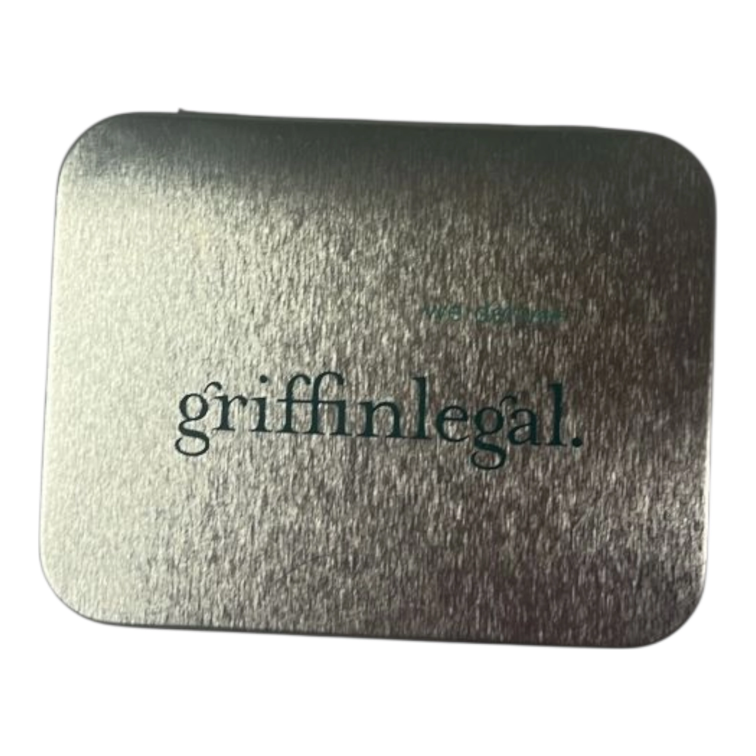A silver metal tin with griffinlegal. printed on the lid—perfect for tradeshow giveaways.