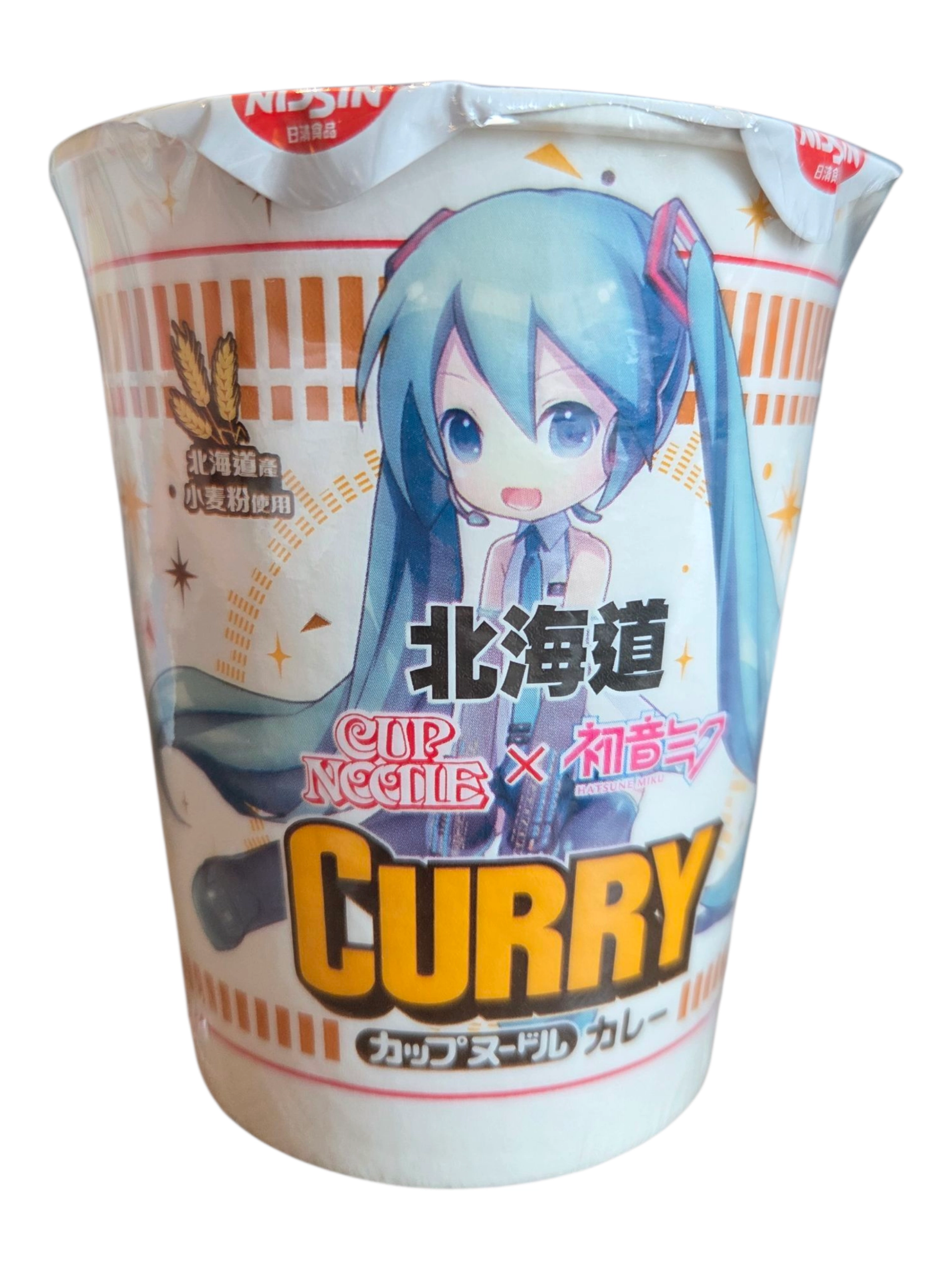 Cup Noodles custom merchandise featuring Hatsune Miku and CURRY anime-style packaging.