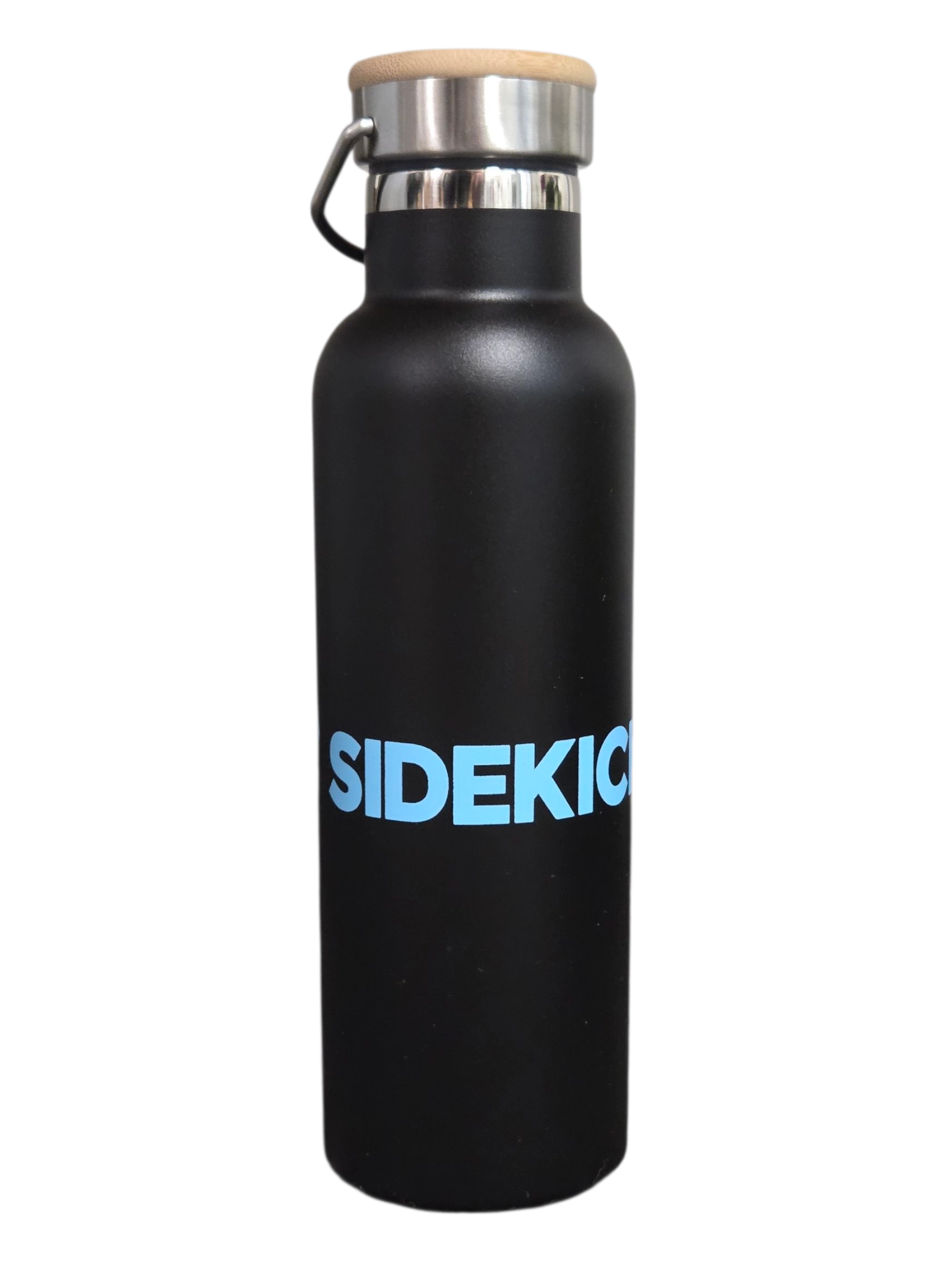 Black water bottle with a wooden lid—perfect as conference items, SIDEKICK printed in blue.