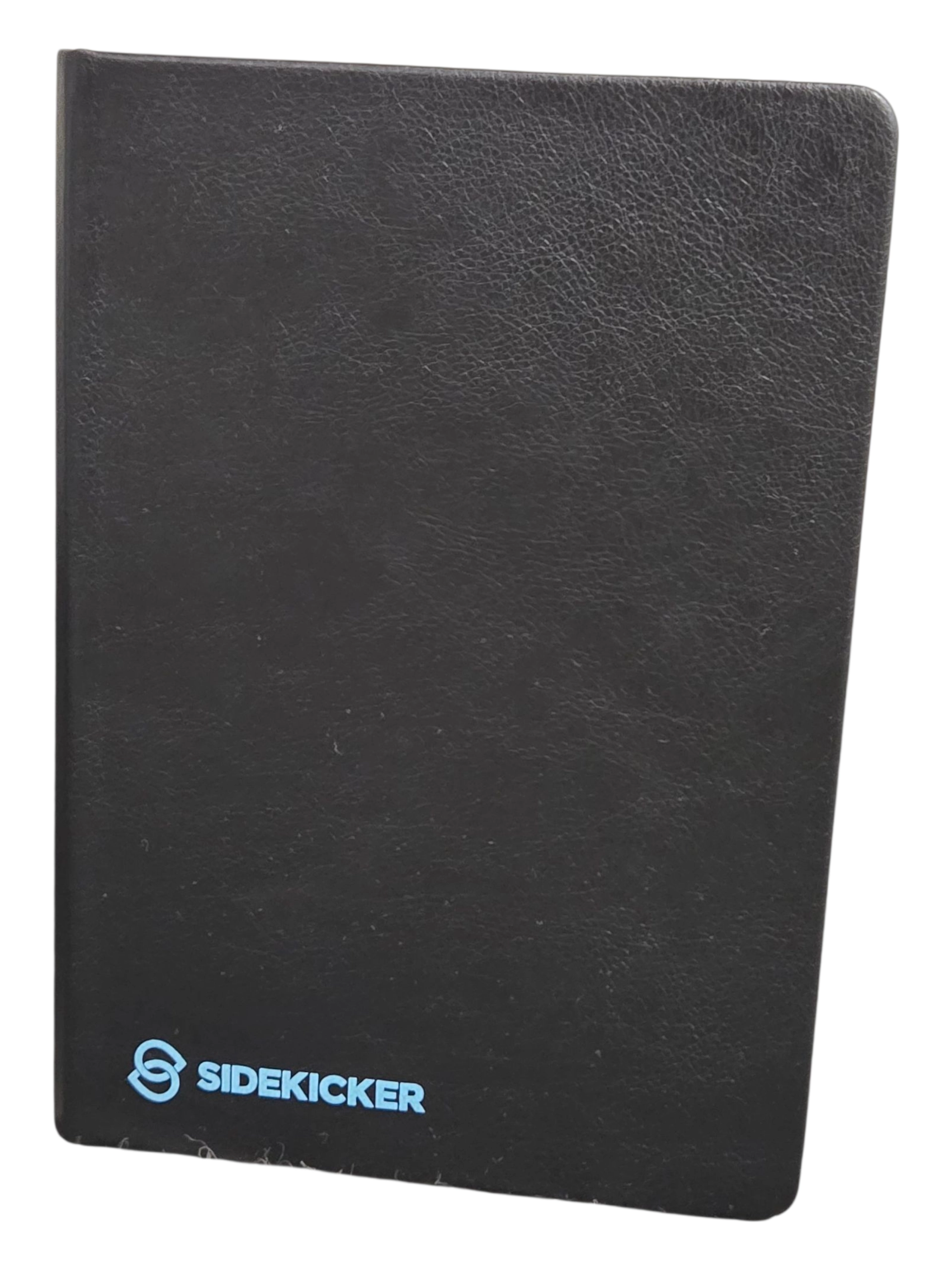 A black notebook, ideal for conference items, with SIDEKICKER and a blue logo on the cover.