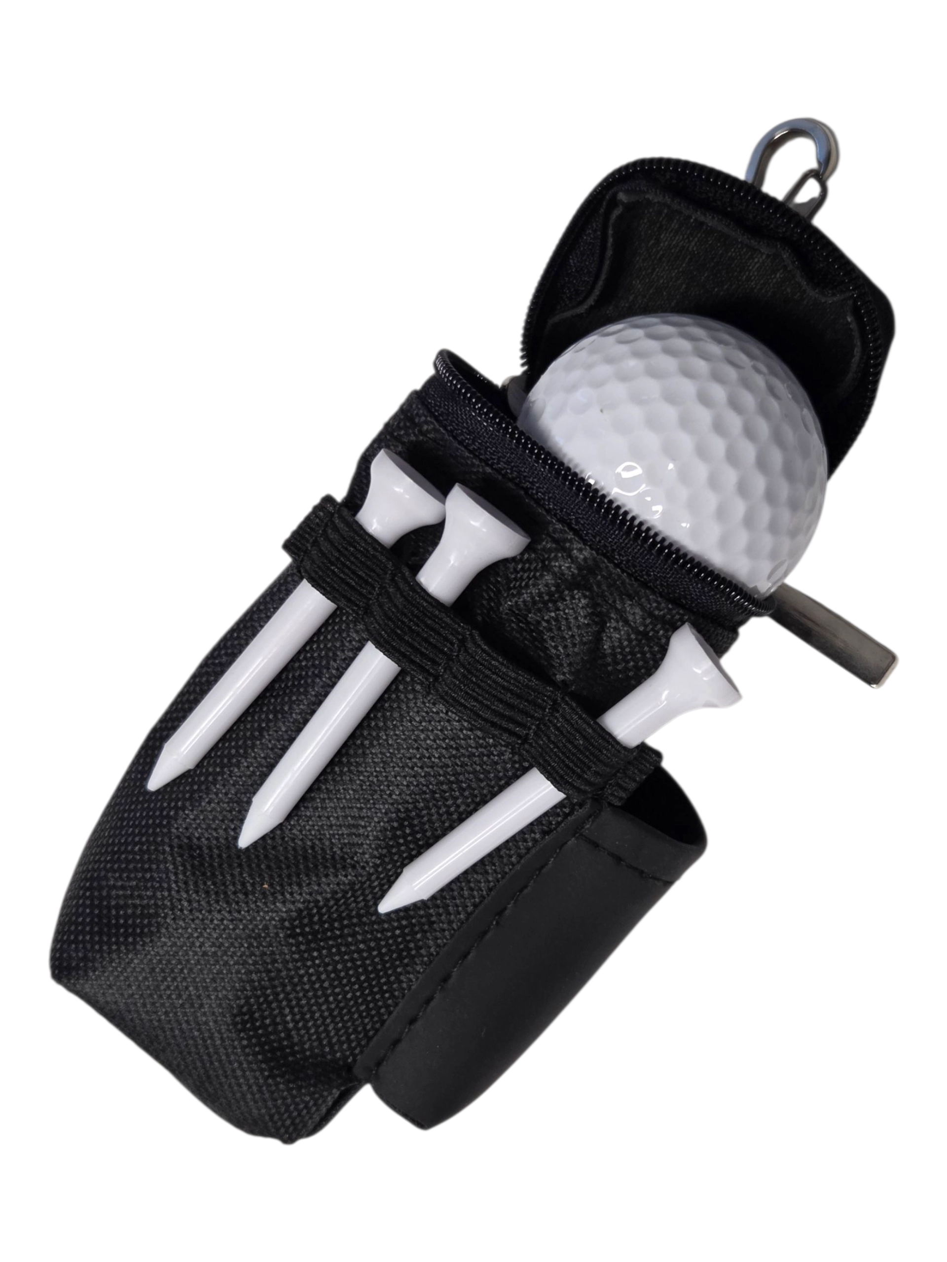 Black corporate golf pouch with three white tees and a golf ball partially inside.