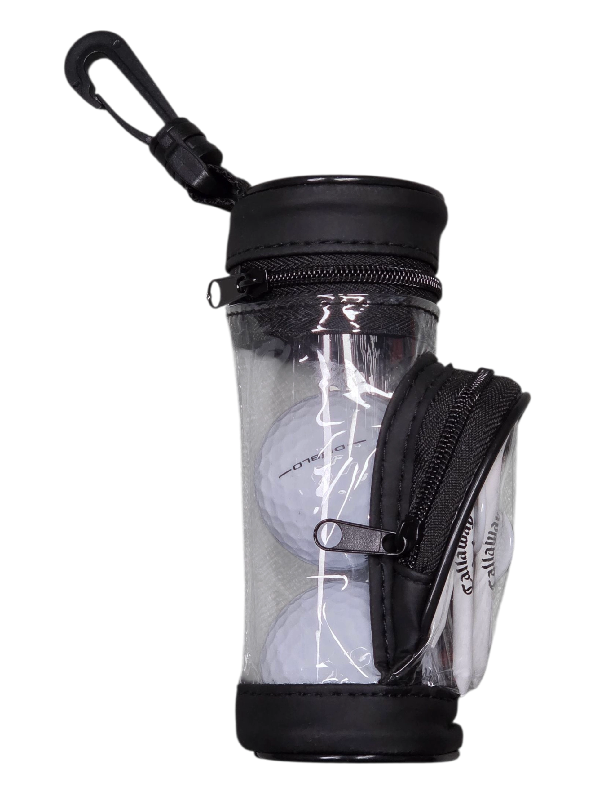 Clear zippered pouch with black trim, perfect for corporate golf events, includes a clip for attachment.