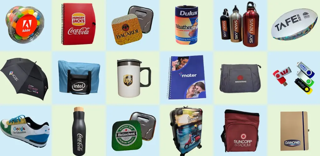 A grid of popular promotional products, including mugs, bottles, bags, and notebooks.