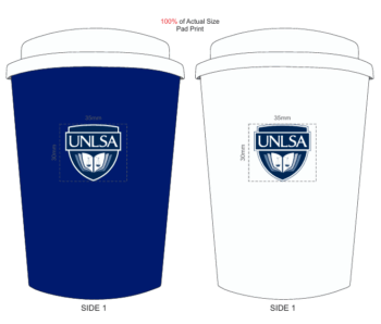 Two coffee cups, one navy blue and one white, both with a UNLSA logo on the front.