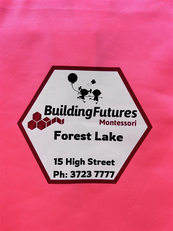 Logo for Building Futures Montessori Forest Lake with address and phone on a pink background.