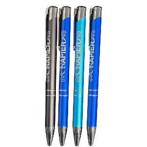Four ballpoint metal pens, perfect for branding—Best Pens for Branding 2025 with silver clips.