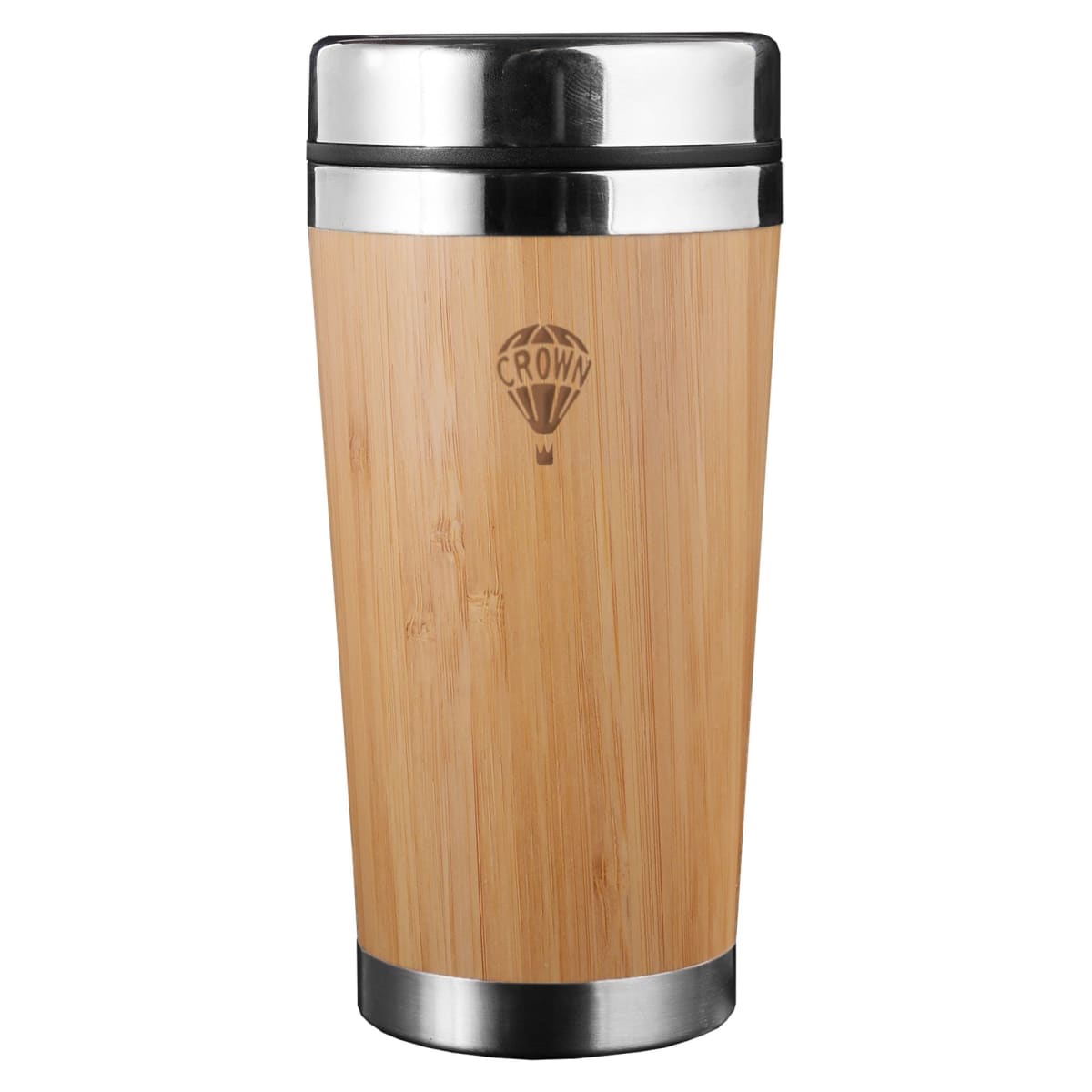 Bamboo Jackson Mugs travel mug with stainless steel lid, bottom, and CROWN logo.
