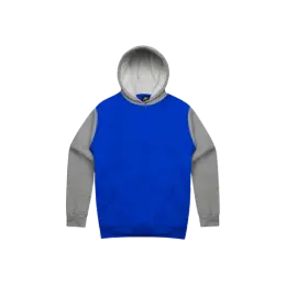 Blue hoodie with gray sleeves and hood, ideal for promotional products, on white background.