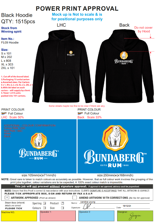 Black Bundaberg Rum hoodie with bear graphic; upgrade to personalised hoodies available.