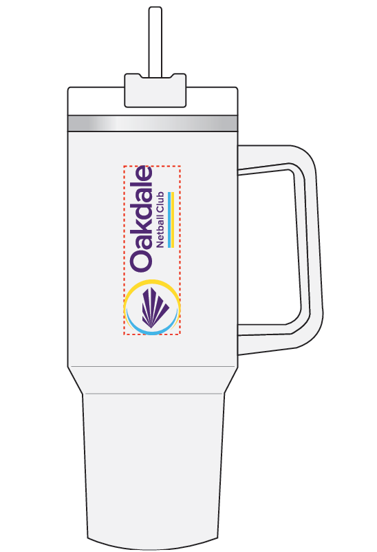 White travel mug with handle and straw, featuring Oakdale Netball Club logo on the side.