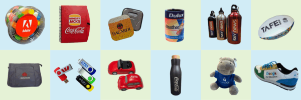 A grid of promotional products in Sydney, including bottles, notebooks, and USB drives.