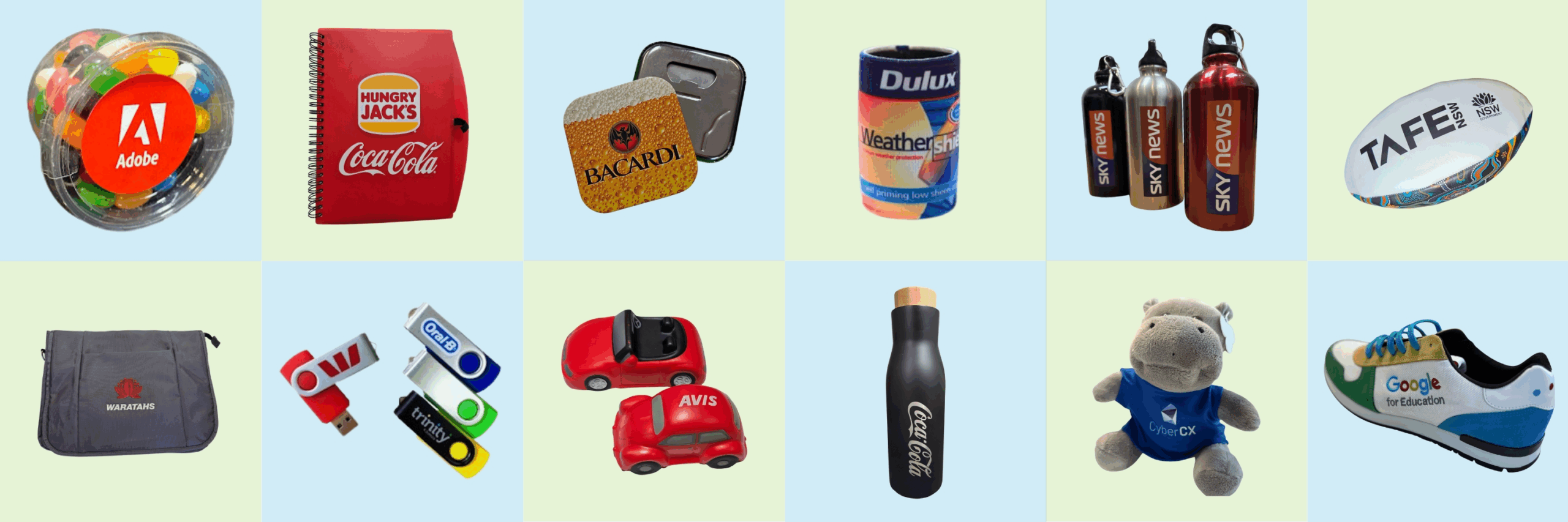 A grid of promotional products in Sydney, including bottles, notebooks, and USB drives.