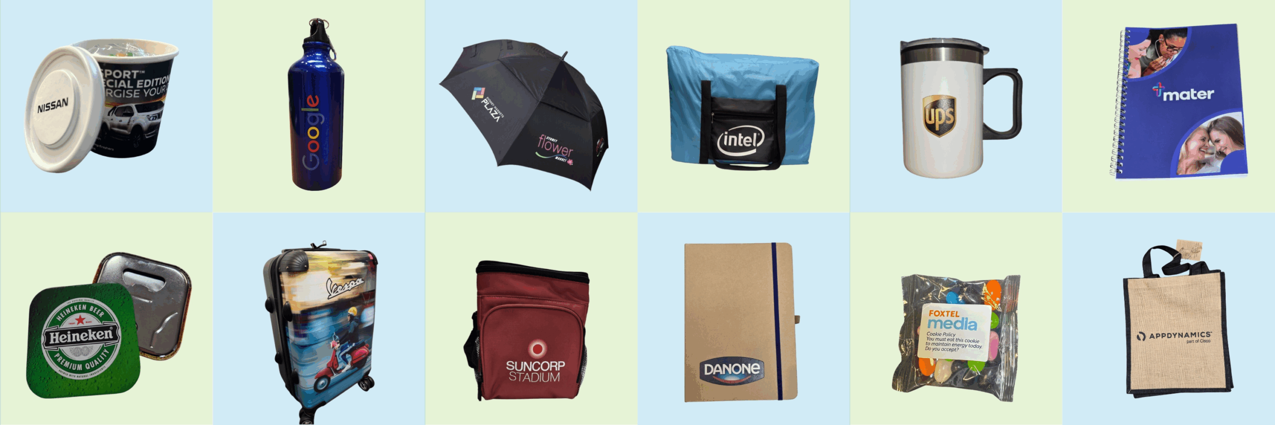 A grid of twelve branded promotional products in Sydney, like mugs, bags, bottles, and notebooks.