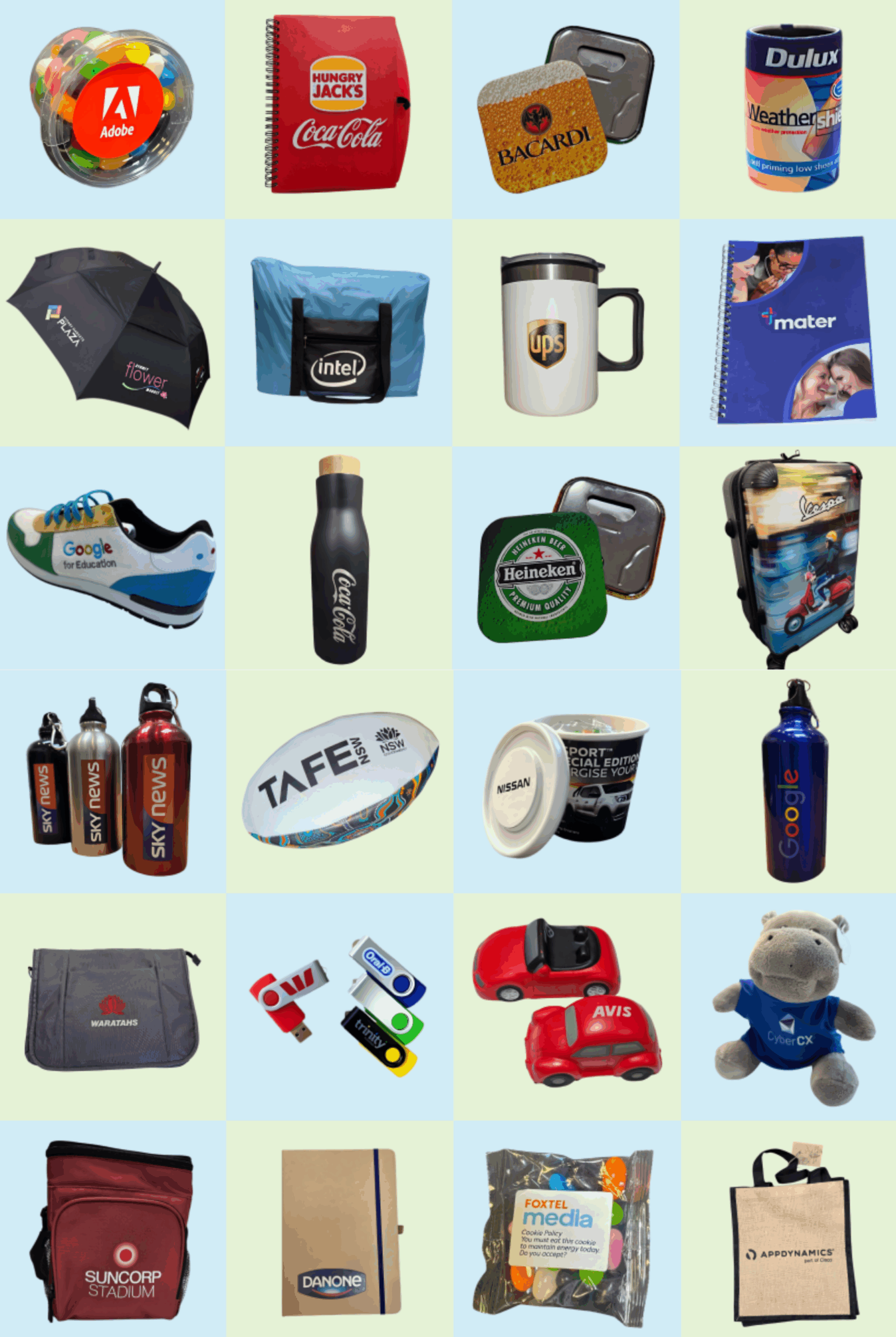 A grid of promotional items, featuring branded mugs, bottles, bags, and plush toys.