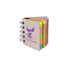 A spiral notebook with colorful sticky notes—perfect as unique promotional products.