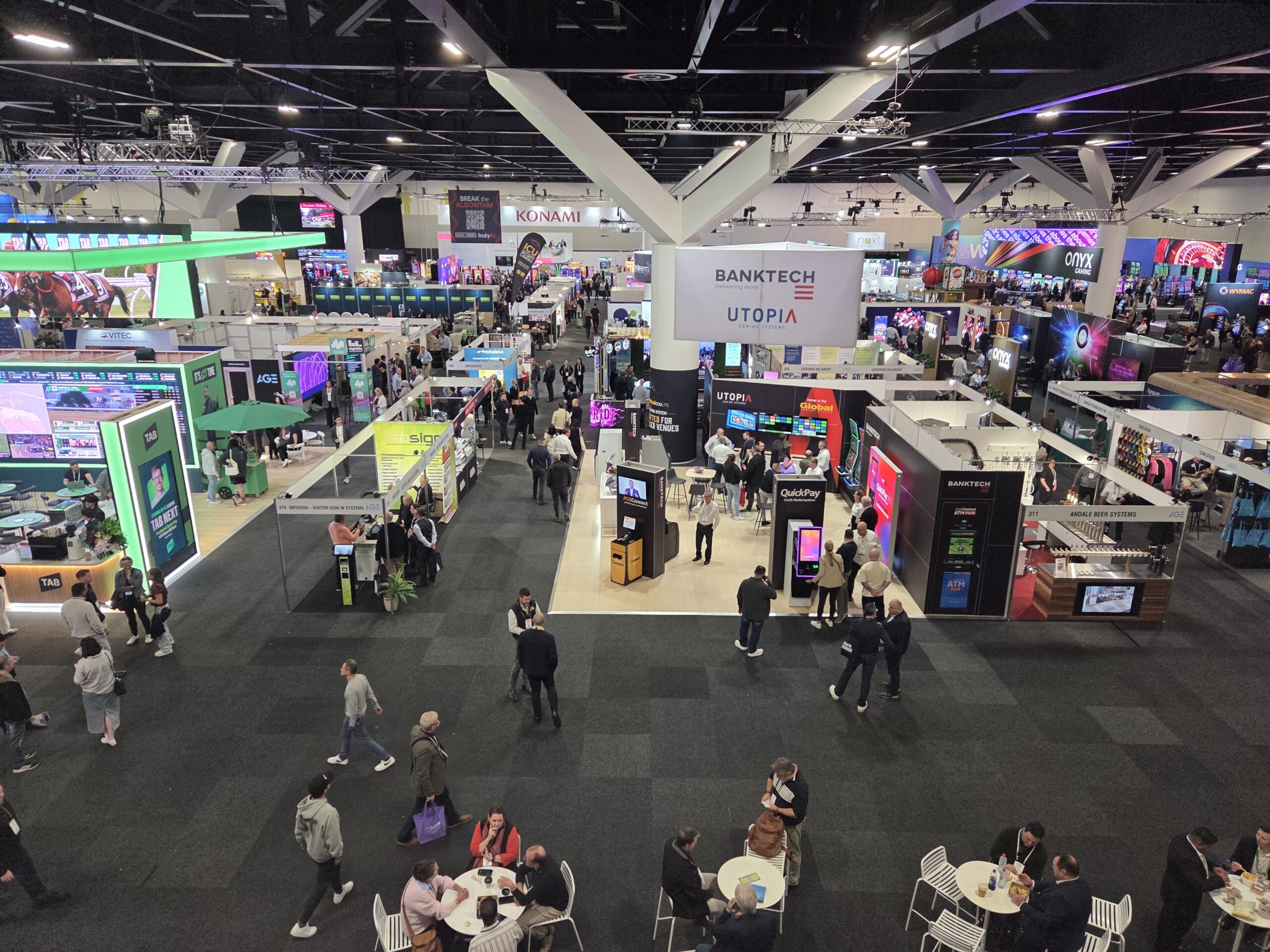 A busy Day 1 at the 2025 Australian Gaming Expo with booths, displays, and lively interactions.