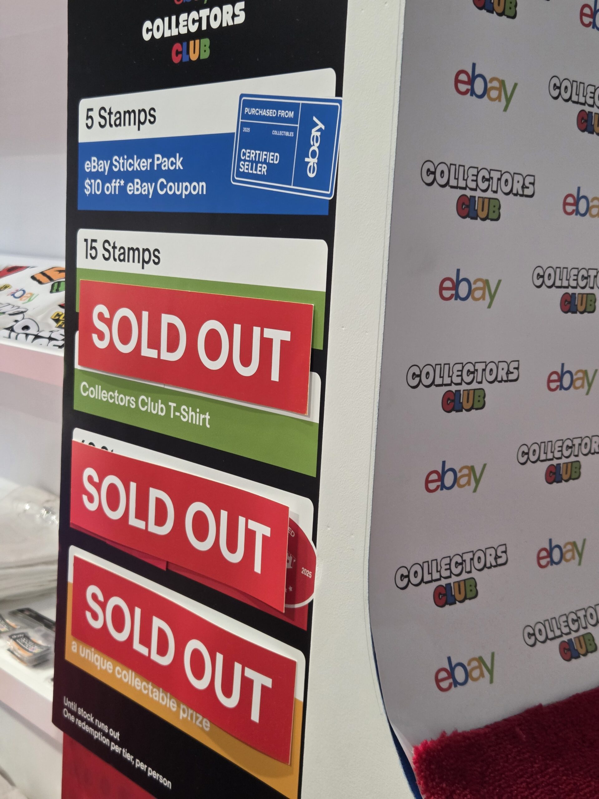 EBay Collectors Club prize board: all sold out except sticker pack coupon, plus custom-branded merchandise.