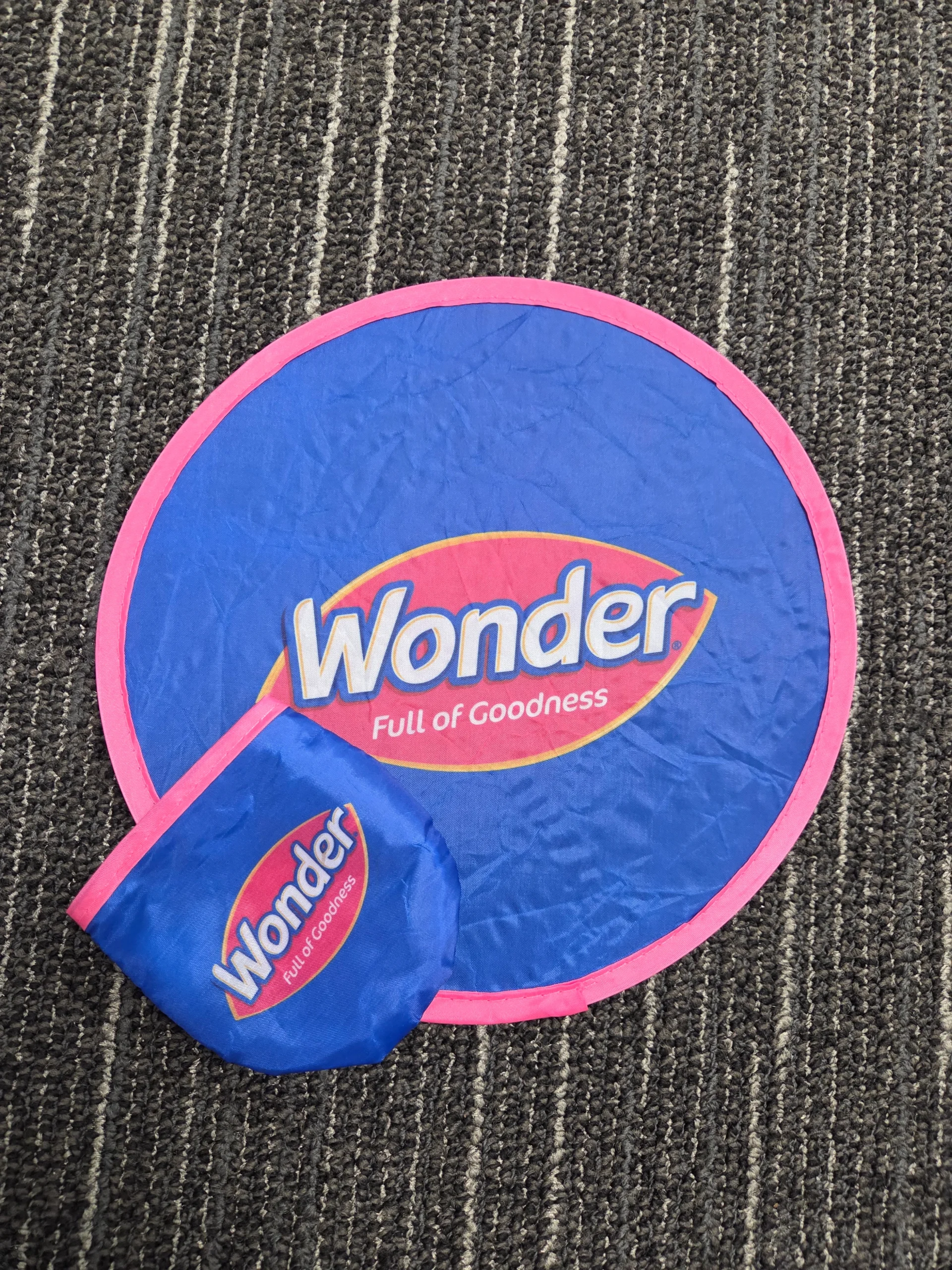 Blue and pink Wonder Full of Goodness foldable frisbee and pouch on striped carpet.