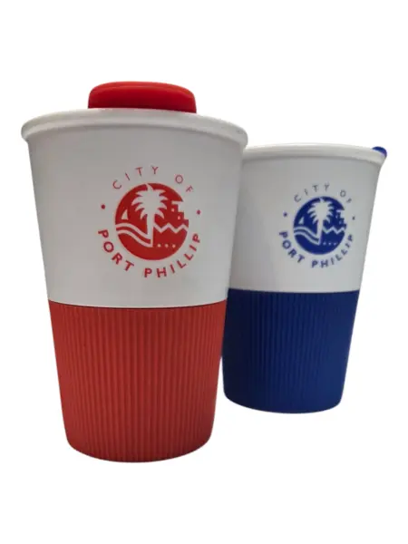 Two reusable cups with City of Port Phillip logos