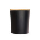 A black cylindrical container with a wooden lid from The First Impressions Hampers.
