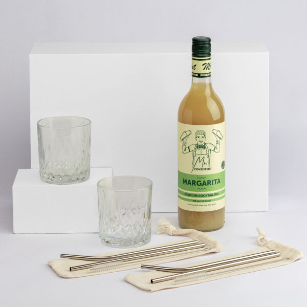 The Business Social Hampers: margarita mix, 2 glasses, and metal straws for business gifting.