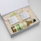 The Business Social Hampers—bottle, two boxes, and pouch in an elegant gift box for corporate gifts.