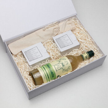 The Business Social Hampers: bottle, two small boxes & cloth pouch—ideal for business gifts.