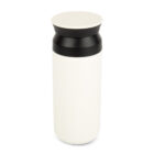 White travel mug with a black lid, ideal for pairing with Professional Hampers on any trip.