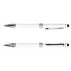 Two white ballpoint pens with silver accents, perfect for The Corporate Setup Hampers, displayed.